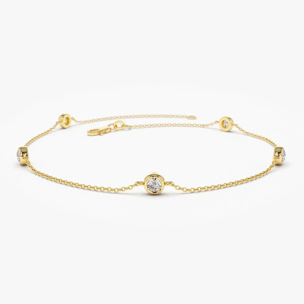 14K Solid Gold Round Diamond 5 Stone by the Yard Bracelet Bezel Setting 0.50 Carat