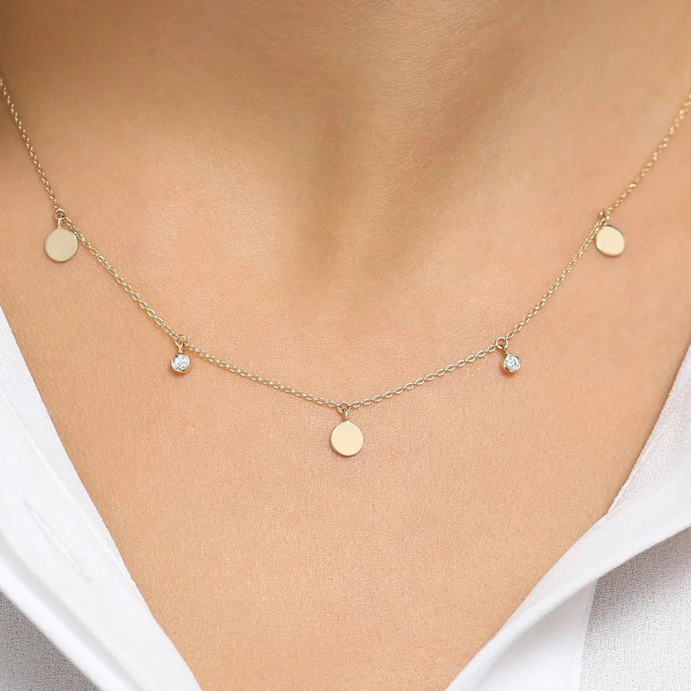 14K Solid Gold Round Diamond Bezel Set Dangling Disc Necklace 0.08ctw
