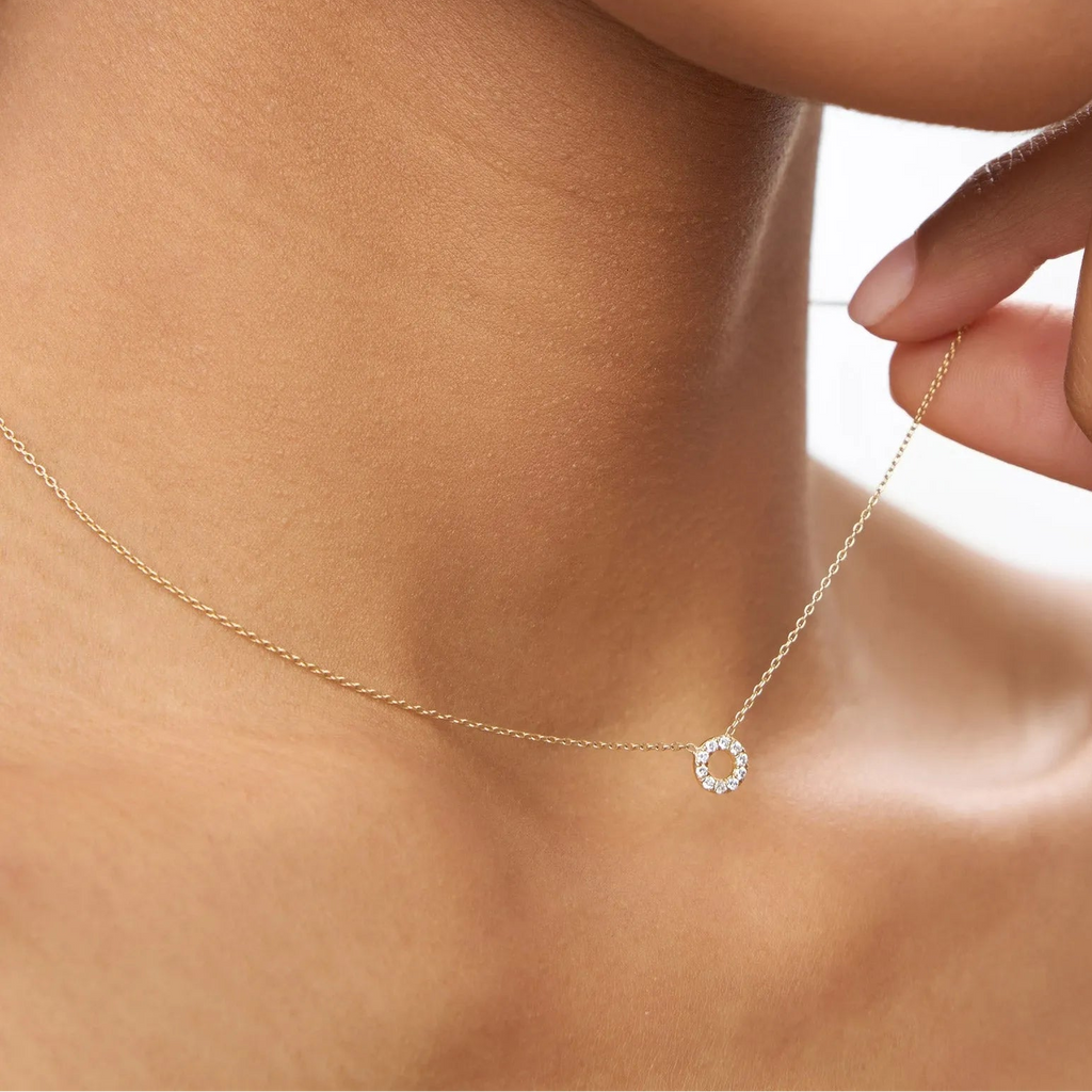 14K Solid Gold Round Diamond Mini Circle Pendant Necklace Prong Setting 0.10ctw