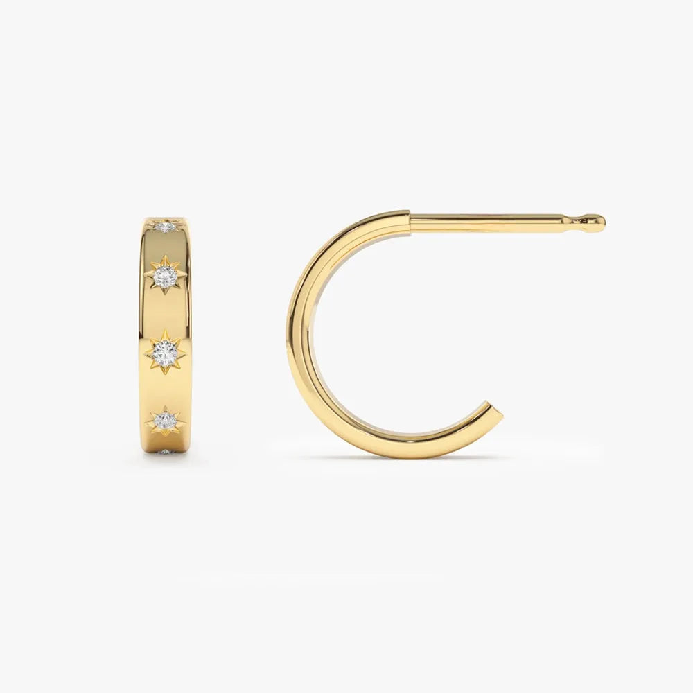 14k Gold Diamond Round Cut Star Setting Hoop Earrings 0.14 ctw