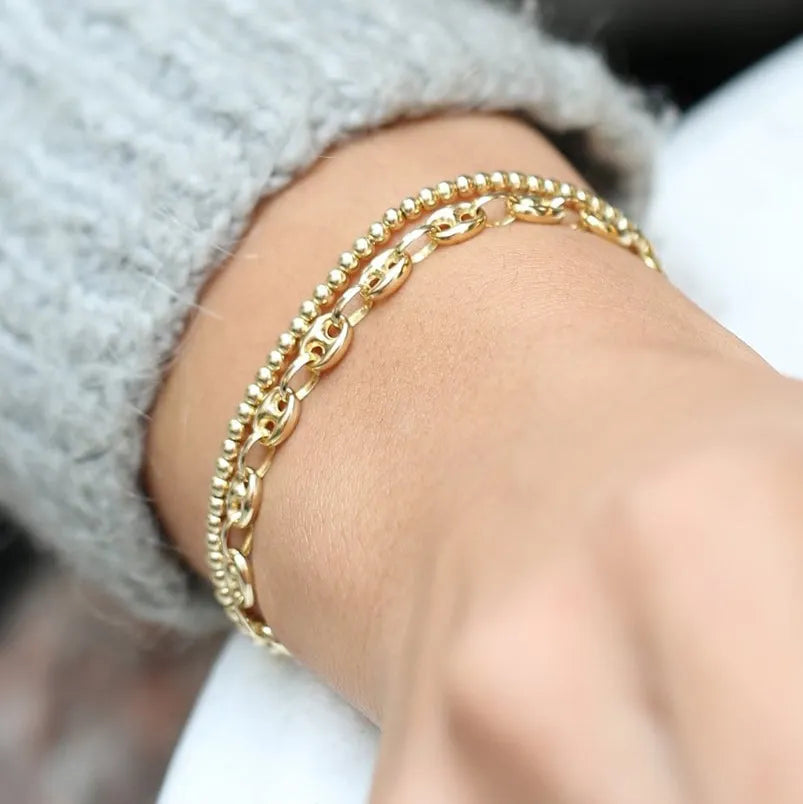14k Gold Thick Puffed Mariner Link Bracelet with Lobster Claw Clasp