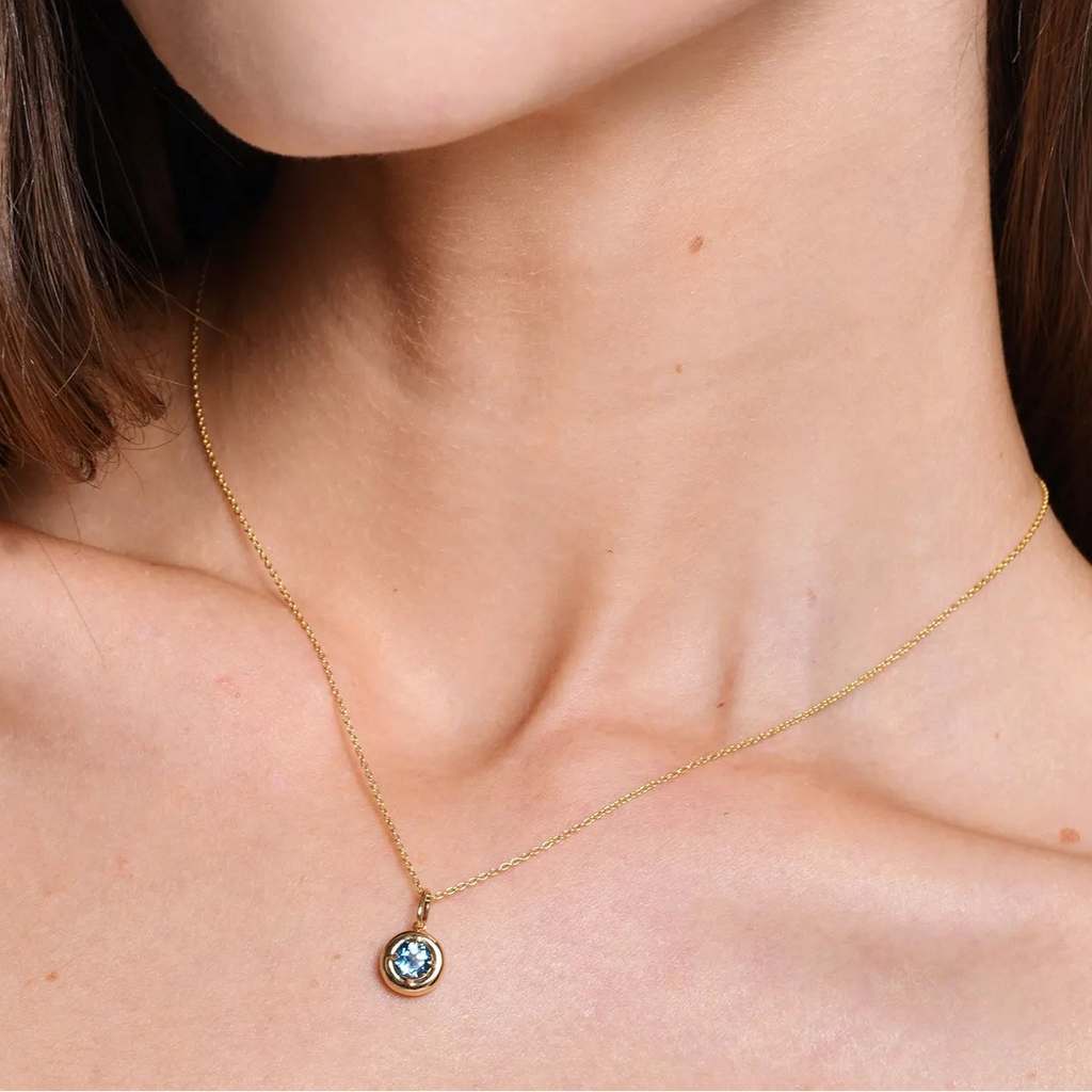 14k Solid Gold Round London Blue Topaz Charm Necklace 0.50 Carat Prong Setting