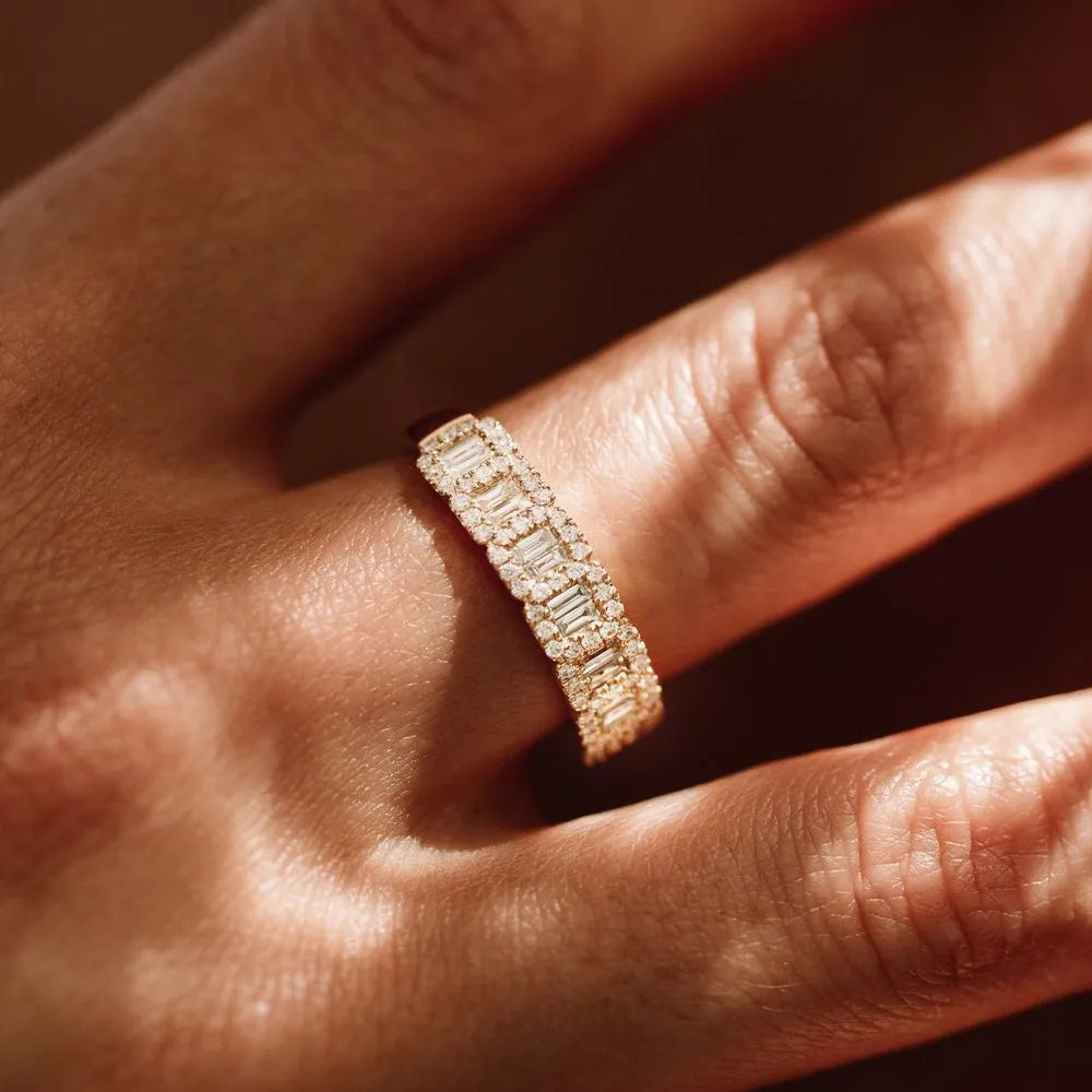 14K Gold Baguette and Round Diamond 0.70 ctw Channel Micro Pave Ring