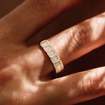 14K Gold Baguette and Round Diamond 0.70 ctw Channel Micro Pave Ring