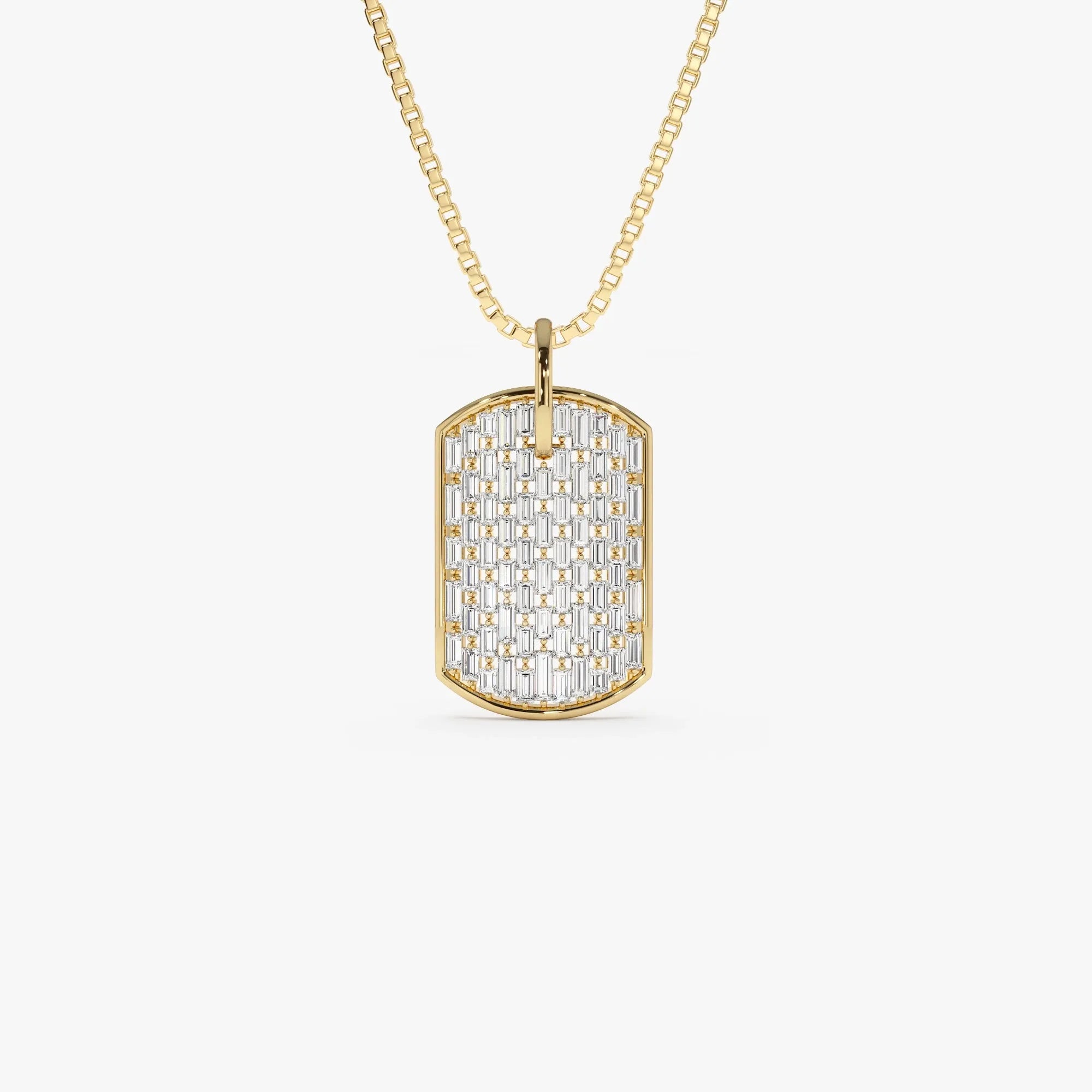14K Solid Gold Baguette Diamond Dog Tag Pendant Necklace Prong Setting 1.25ctw