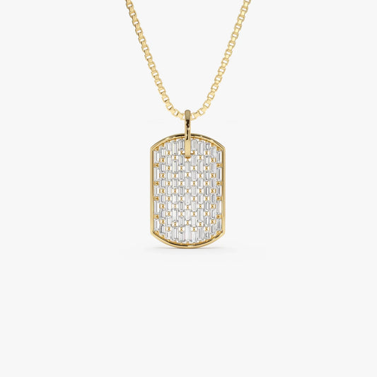 14K Solid Gold Baguette Diamond Dog Tag Pendant Necklace Prong Setting 1.25ctw