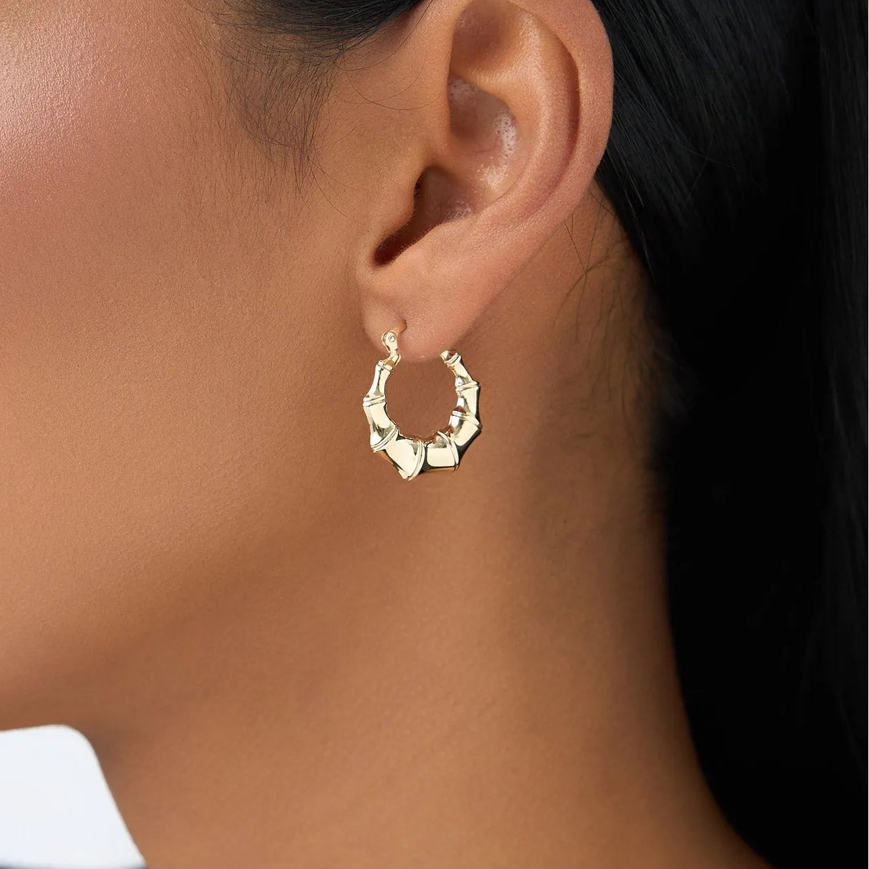 14k Yellow Gold Bamboo Style Hoop Earrings 20mm Outer Diameter