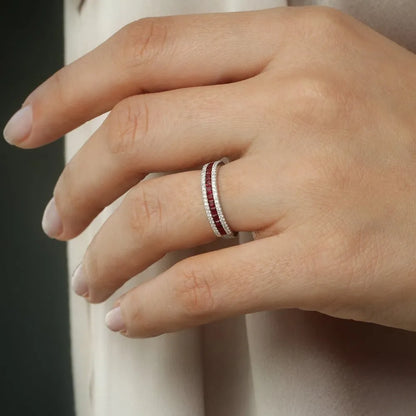 14k Solid Gold Ruby and Diamond Square and Round Cut Half Eternity Ring 1.05 ctw