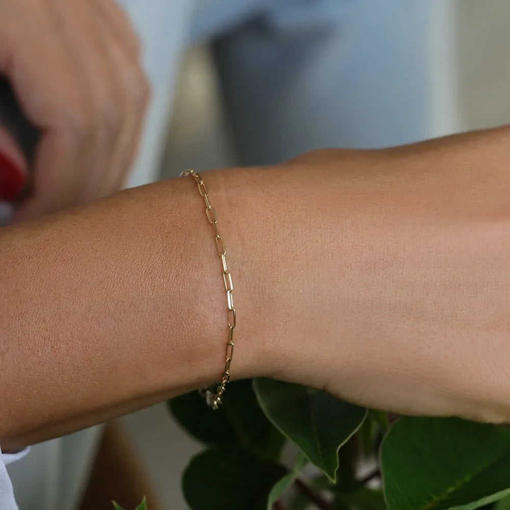 14K Solid Gold Tiny Paper Clip Link Chain Bracelet