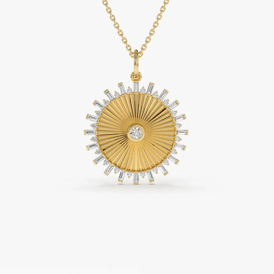 14K Solid Gold Baguette and Round Diamond Disc Ray Pendant Necklace 0.55ctw