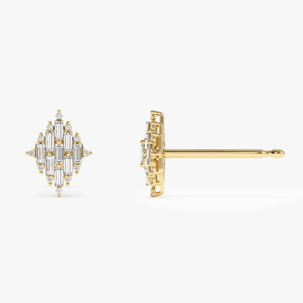 14k Gold Diamond Baguette and Round Cut Cluster Stud Earrings Prong Setting 0.45 ctw