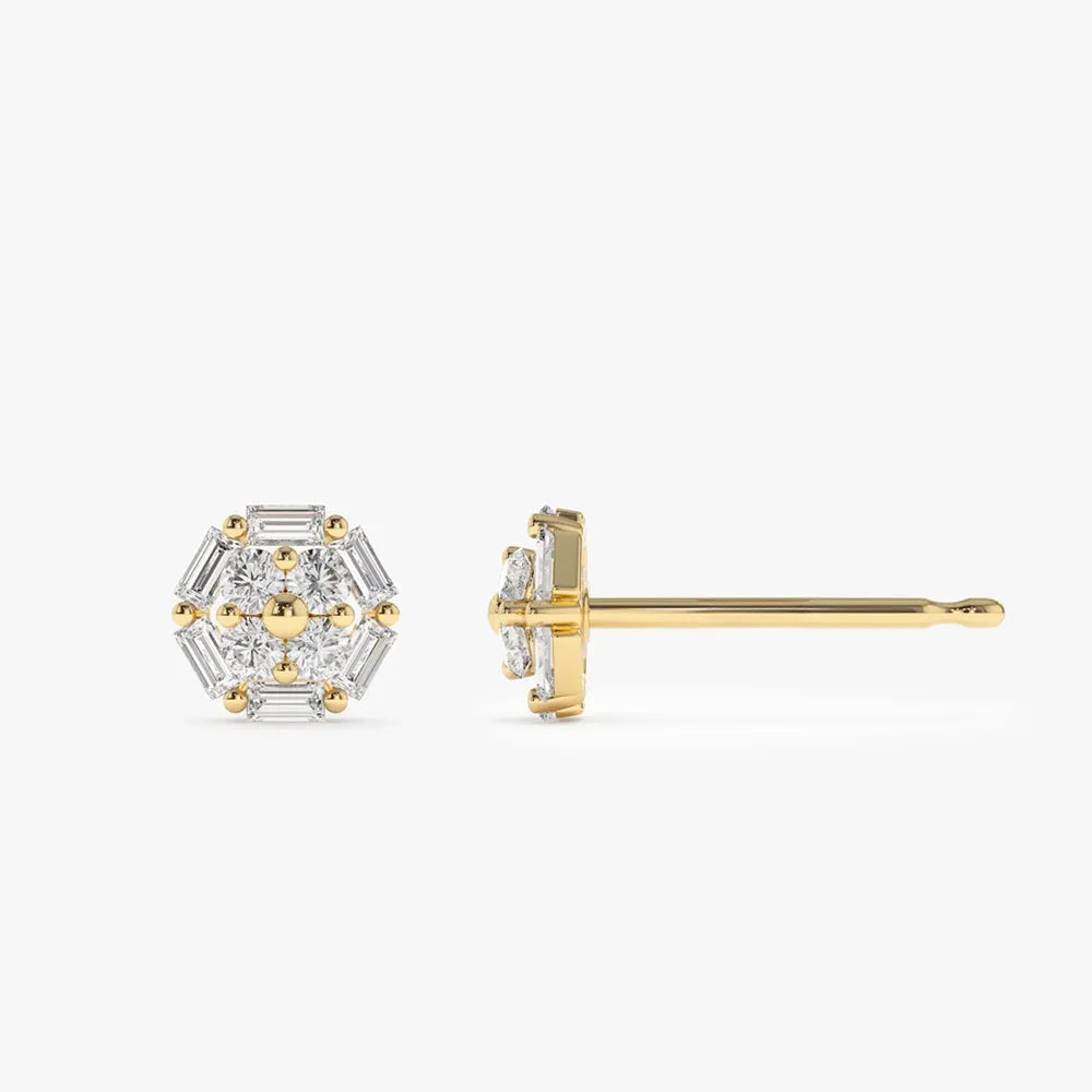 14k Gold Diamond Baguette and Round Cut Cluster Stud Earrings Prong Setting 0.55 ctw
