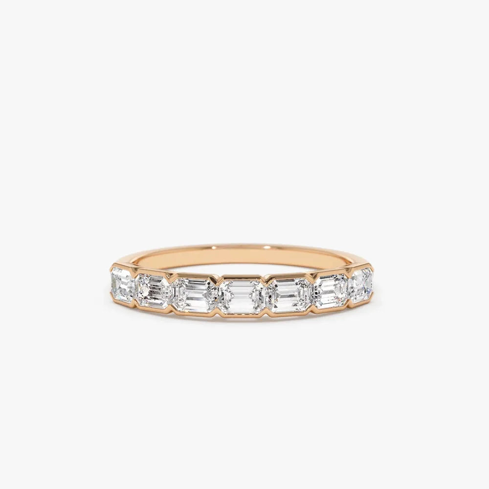 14k Gold Emerald Cut Diamond Half Bezel Wedding Band 0.75 ctw