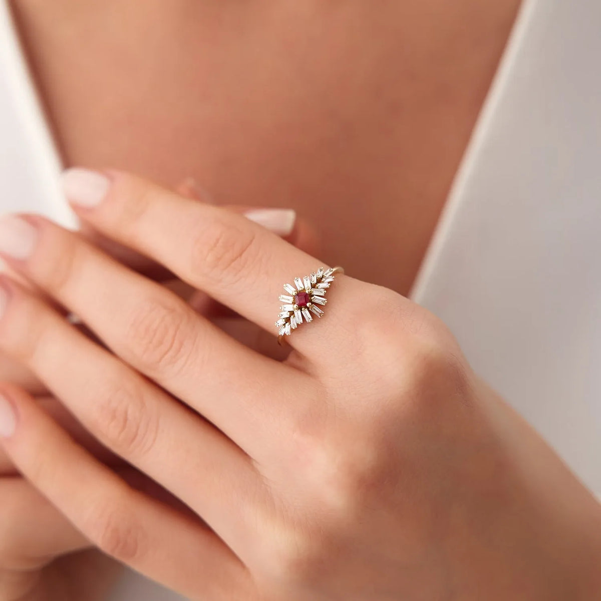 14k Gold Ruby and Diamond Square and Baguette Cut Ring 0.54 ctw