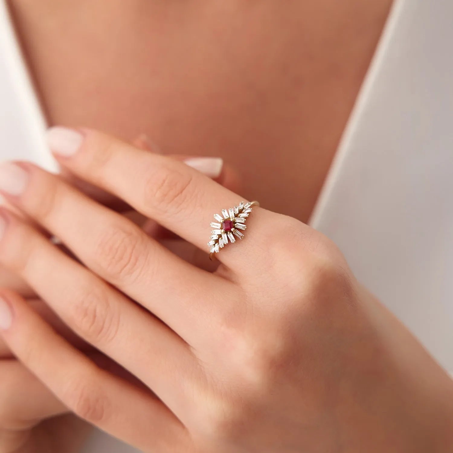 14k Gold Ruby and Diamond Square and Baguette Cut Ring 0.54 ctw