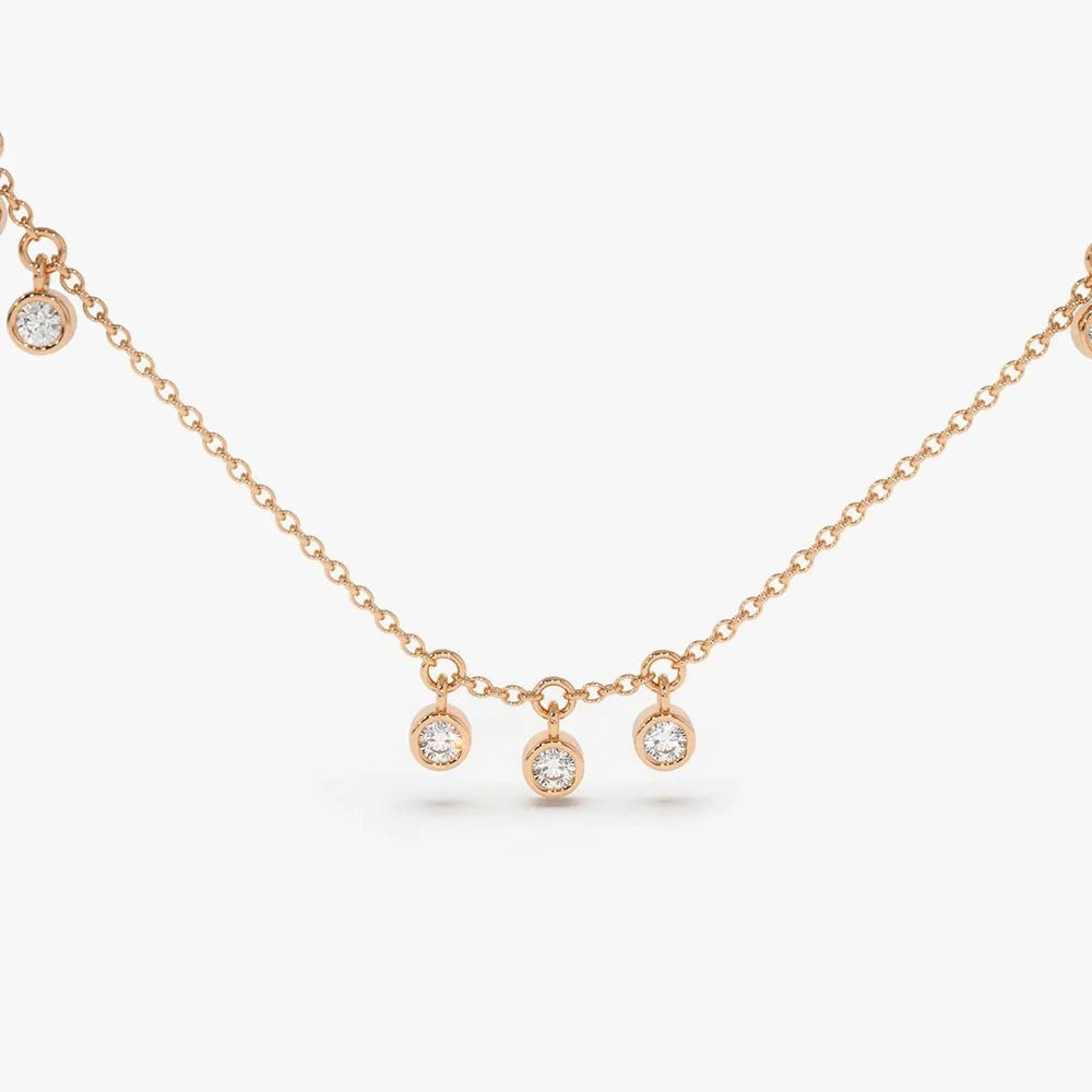 14K Solid Gold Round Diamond 9 Stone Bezel Set Dangle Necklace 0.27ctw
