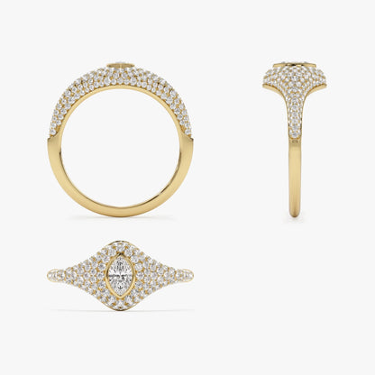 14k Solid Gold Marquise and Round Diamond 0.85 Carat Pave Setting Signet Ring