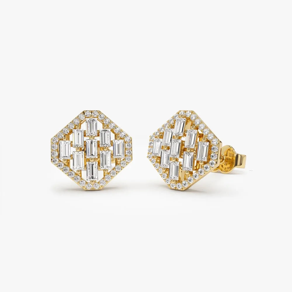 14k Gold Diamond Baguette and Round Cut Halo Stud Earrings Prong Setting 0.63 ctw