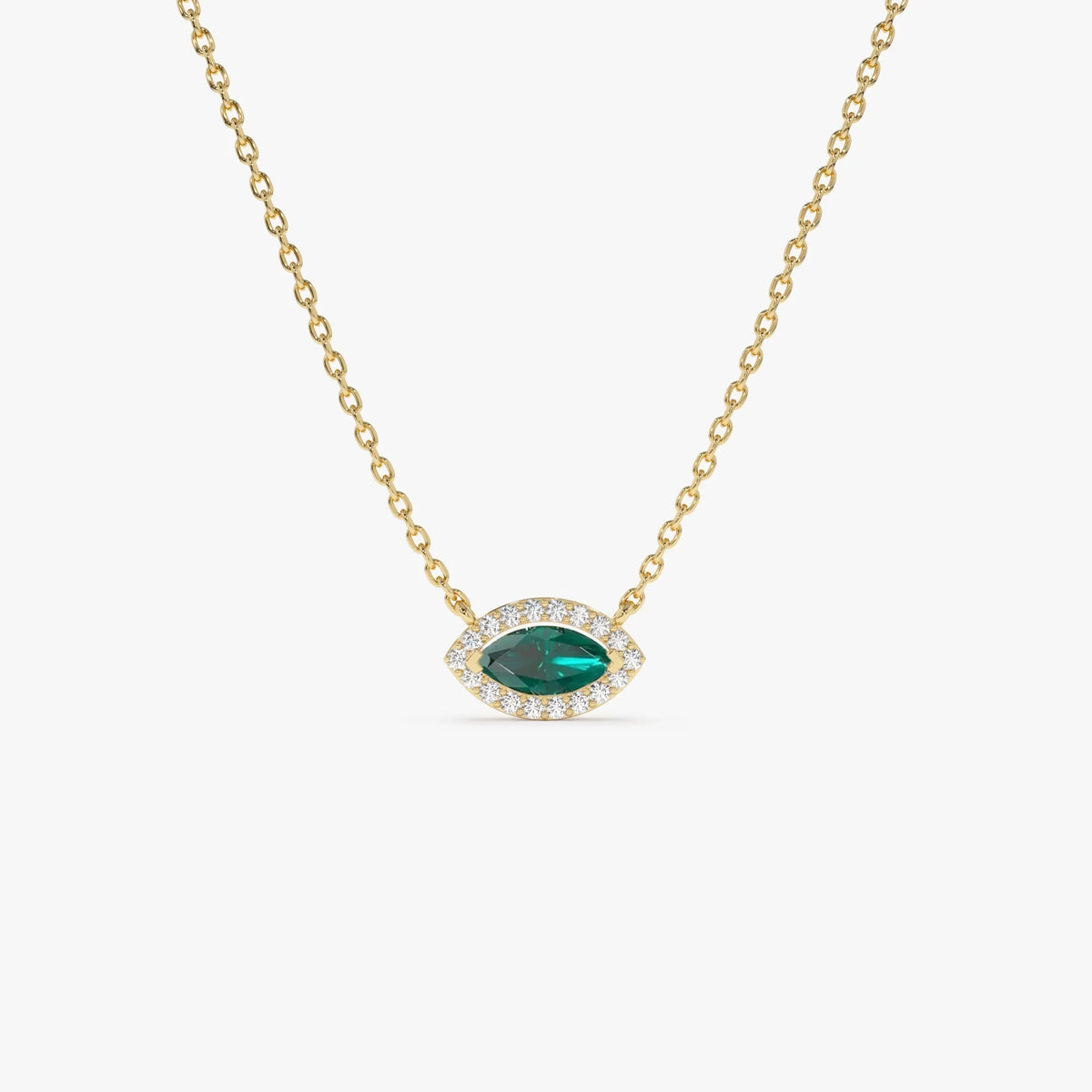14k Solid Gold Marquise Emerald and Round Diamond 0.30 CTW Halo Pendant Necklace Prong Setting