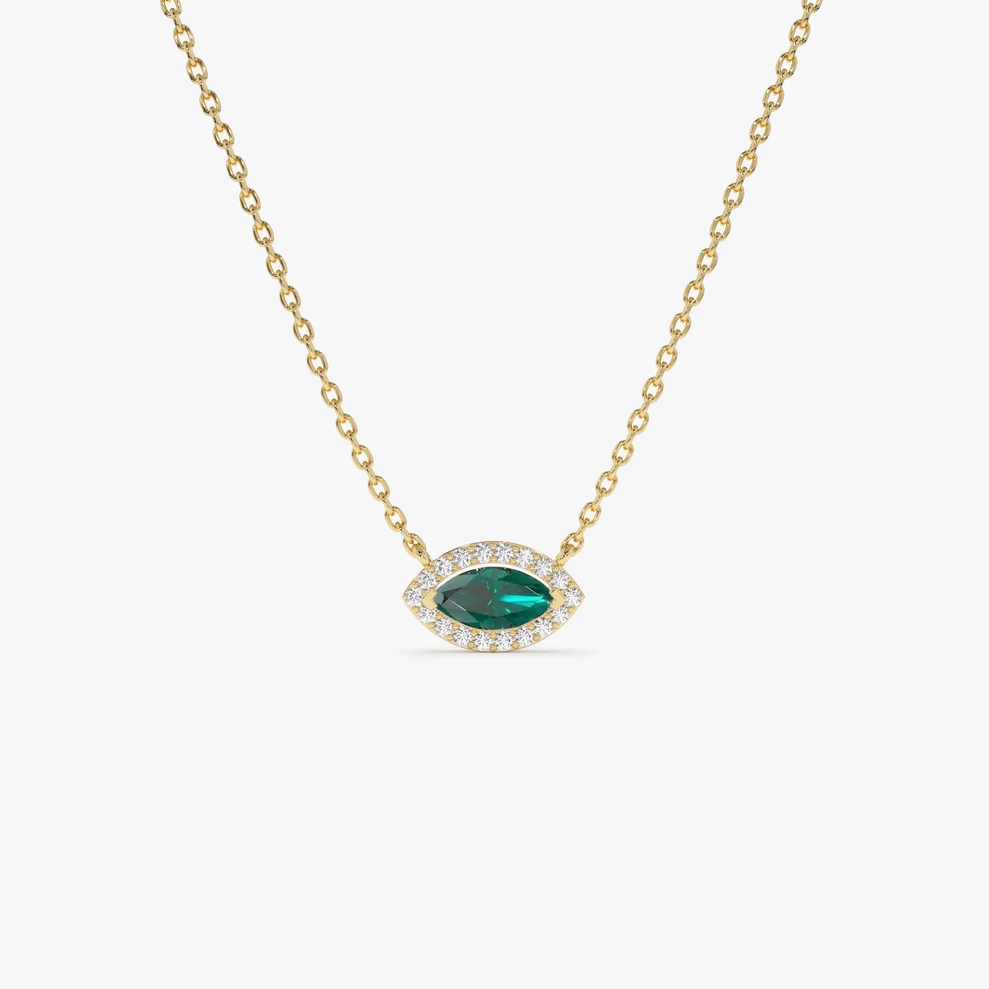 14k Solid Gold Marquise Emerald and Round Diamond 0.30 CTW Halo Pendant Necklace Prong Setting