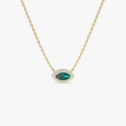 14k Solid Gold Marquise Emerald and Round Diamond 0.30 CTW Halo Pendant Necklace Prong Setting