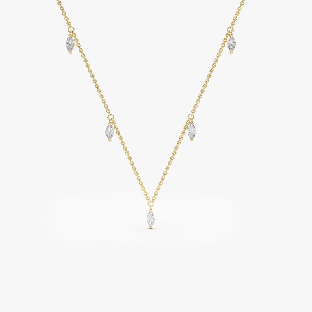14K Solid Gold Marquise Diamond 5 Stone Dangling Necklace Prong Setting 0.36ctw