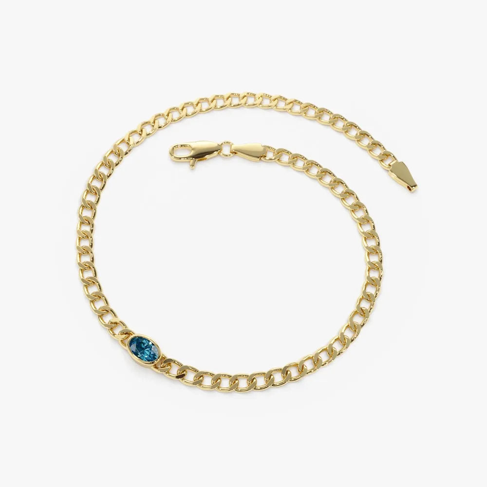 14K Gold Oval London Blue Topaz 3MM Cuban Link Bezel Set Bracelet