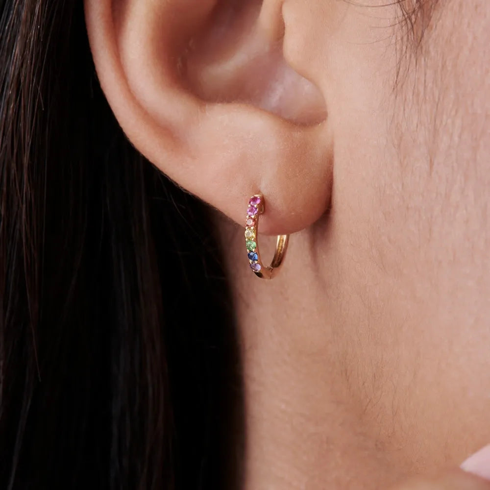 14K Solid Gold Multi Color Rainbow Gemstone Huggie Hoop Earrings 0.25 CTW