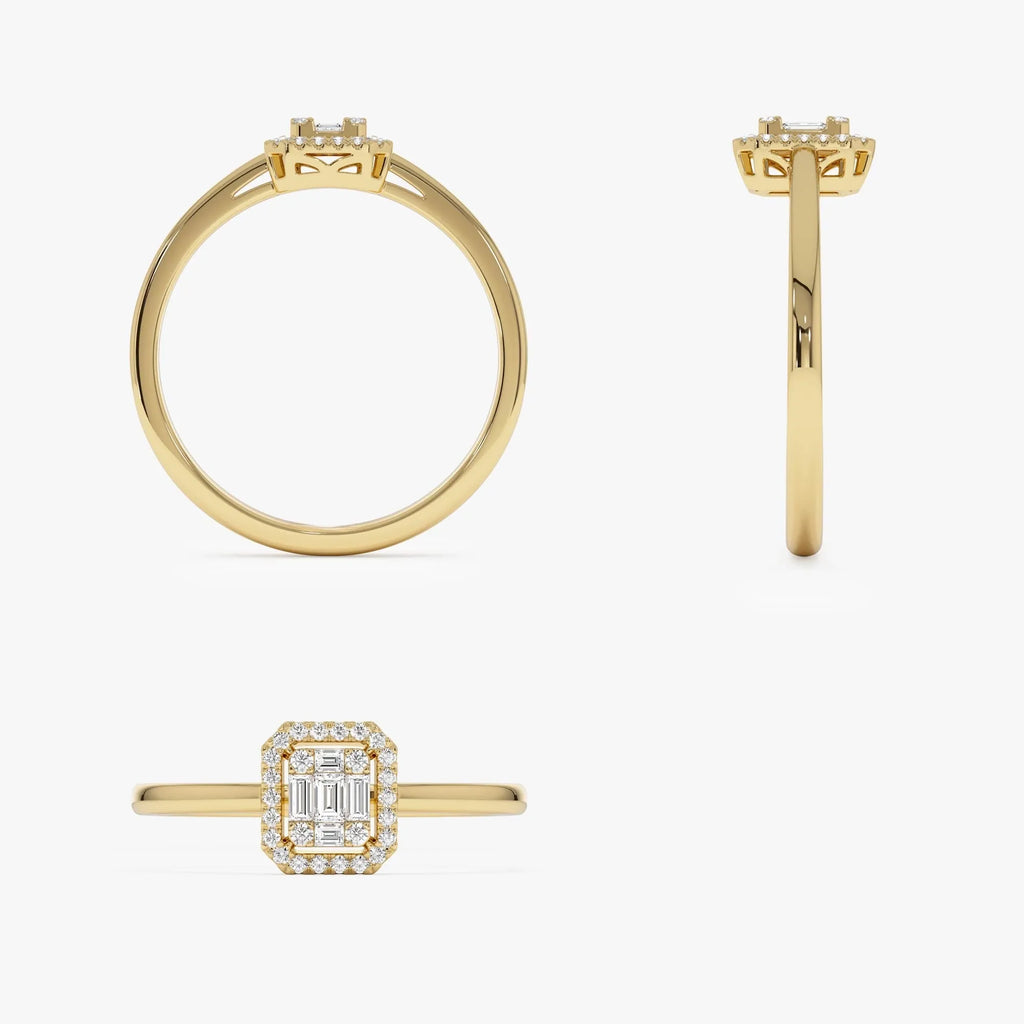 14k Gold Rectangular Baguette and Round Diamond Halo Ring 0.25 ctw