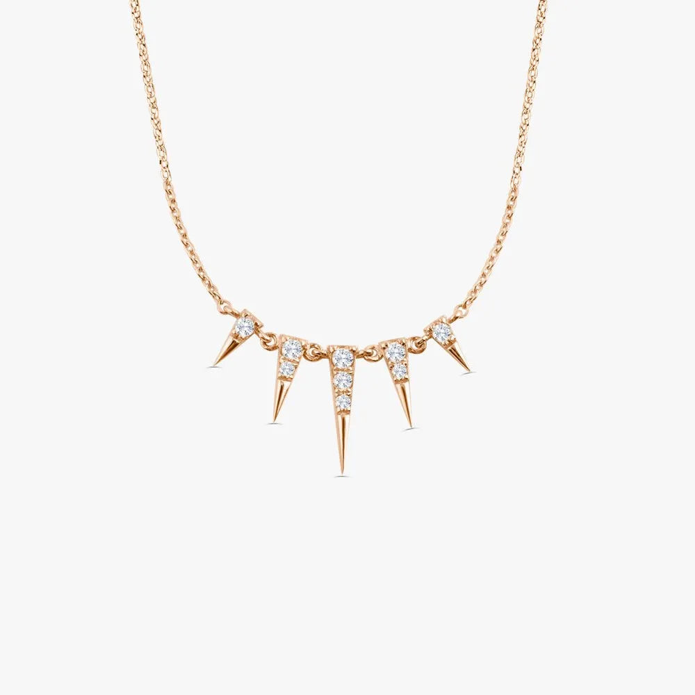 14K Solid Gold Round Diamond Spike Pendant Necklace Prong Setting 0.18ctw