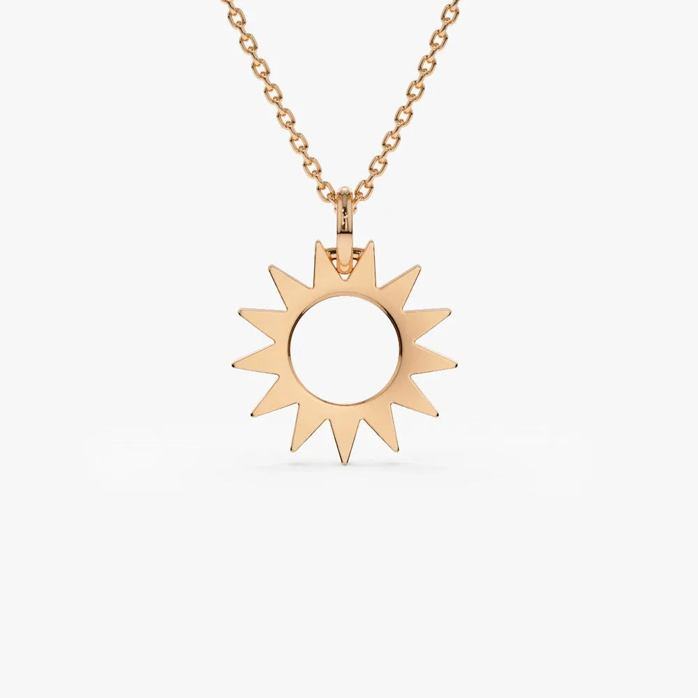 14k Solid Gold Sun Celestial Pendant Necklace