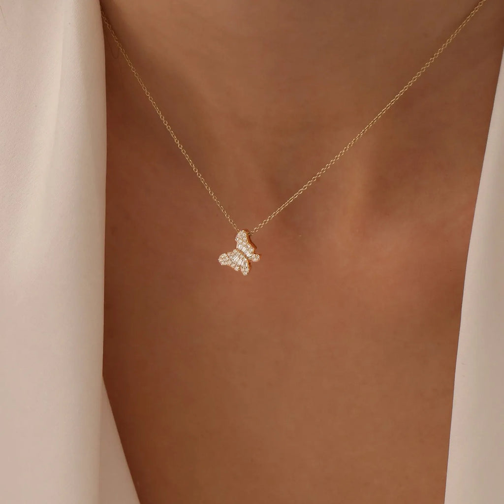 14K Solid Gold Baguette and Round Diamond Butterfly Pendant Necklace 0.26ctw