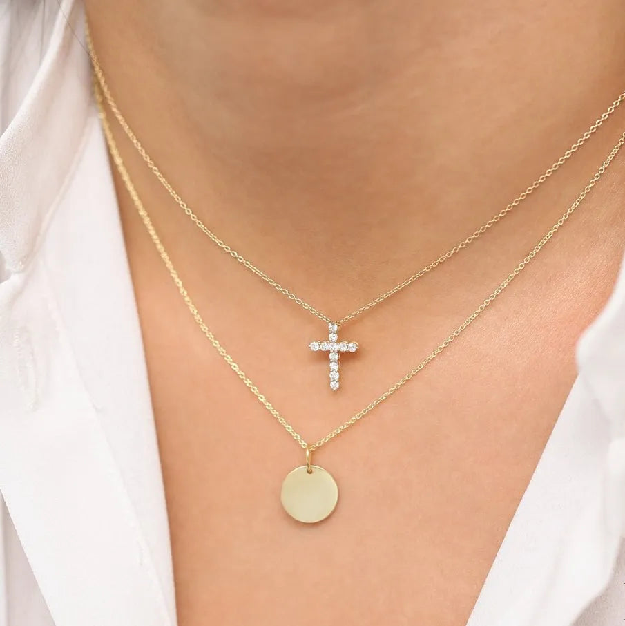 14K Solid Gold Round Diamond Cross Pendant Necklace Prong Setting 0.35ctw