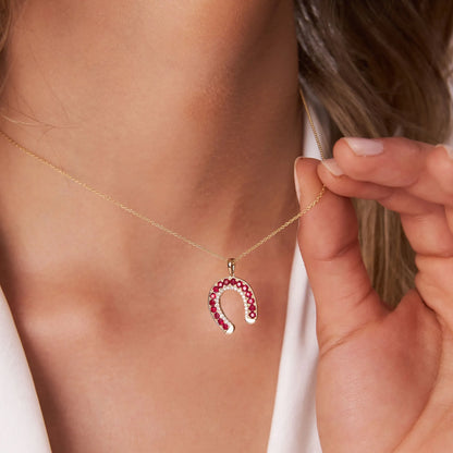 14k Solid Gold Ruby and Diamond Round Horseshoe Pendant 0.87 Carat