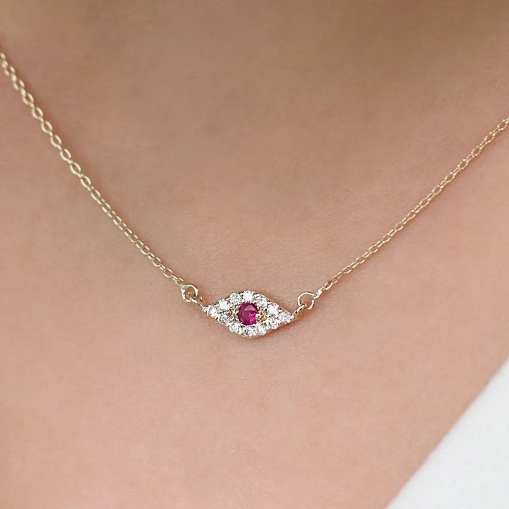 14k Solid Gold Ruby and Diamond Round Evil Eye Necklace 0.17 Carat Micro Pave Setting