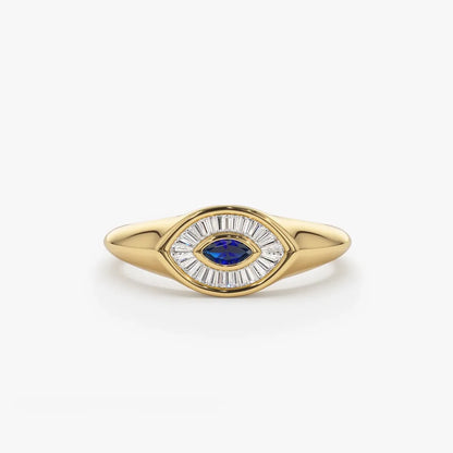 14k Gold Sapphire and Diamond Marquise and Baguette Cut Ring 0.38 ctw