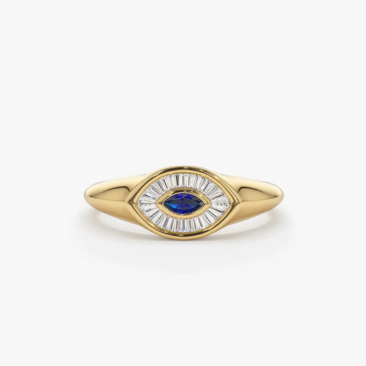 14k Gold Sapphire and Diamond Marquise and Baguette Cut Ring 0.38 ctw