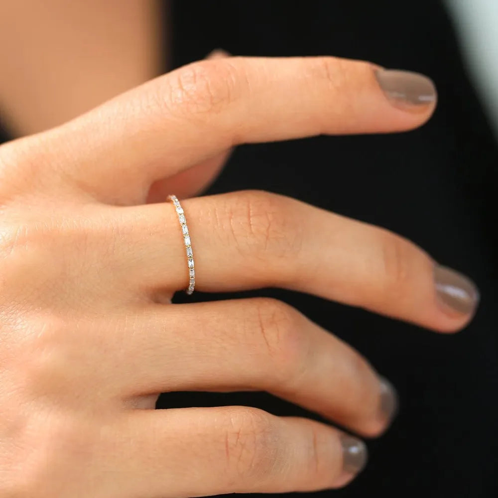 14K Gold 0.15 Carat Baguette Diamond Ultra Thin Half Eternity Stackable Ring