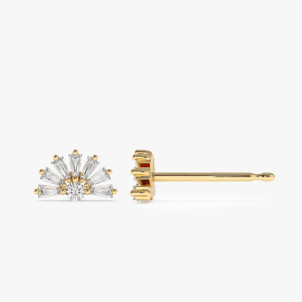 14k Gold Diamond Tapered Baguette Half Round Stud Earrings 0.28 ctw