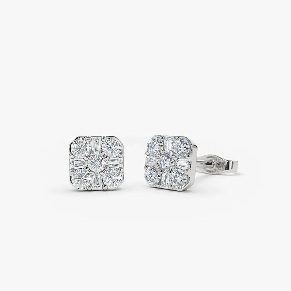 14k Gold Diamond Square Baguette and Round Cut Earrings 0.45 ctw