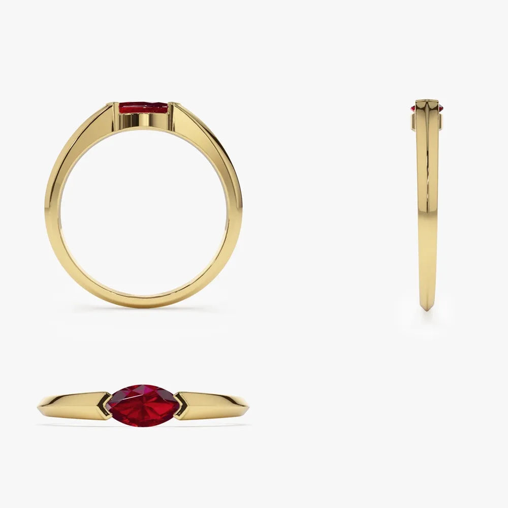 14k Gold Natural Ruby Marquise Cut Horizontal Ring 0.27 ctw