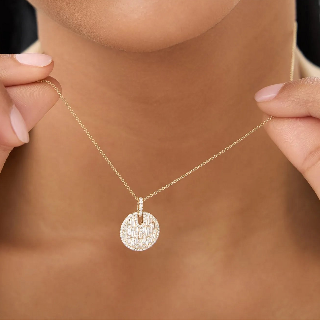 14K Solid Gold 0.80 CTW Baguette and Round Diamond Disc Necklace Prong Setting