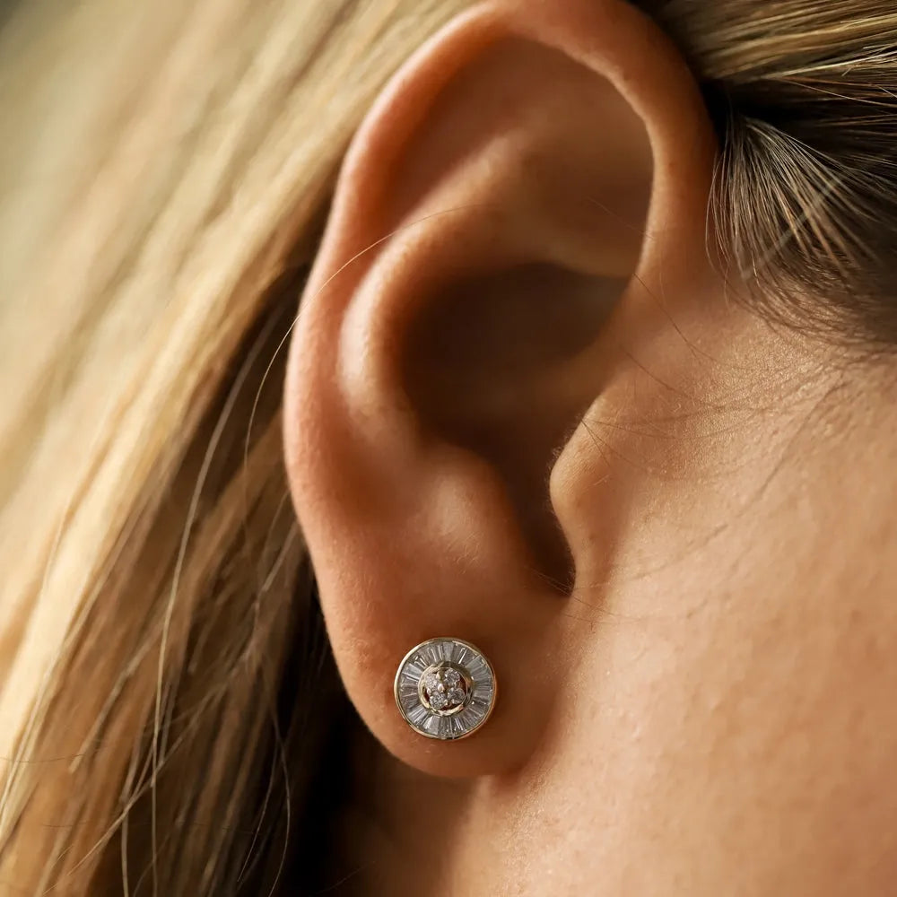 14k Gold Diamond Baguette and Round Cut Disc Stud Earrings Channel Setting 0.55 ctw