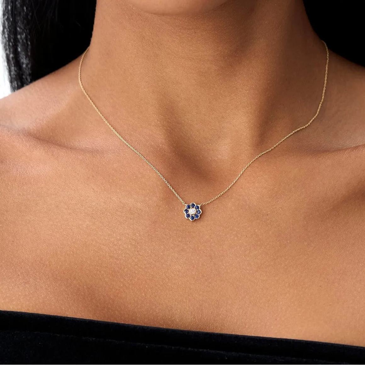 14k Solid Gold Round Sapphire 0.30 CTW and Diamond 0.05 CTW Flower Bezel Setting Necklace
