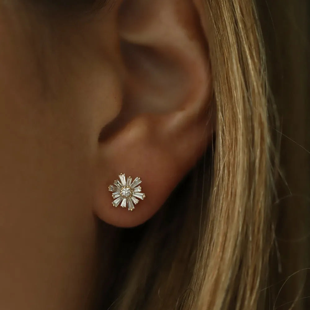 14k Gold Diamond Tapered Baguette and Round Cut Earrings Prong Setting 0.49 ctw