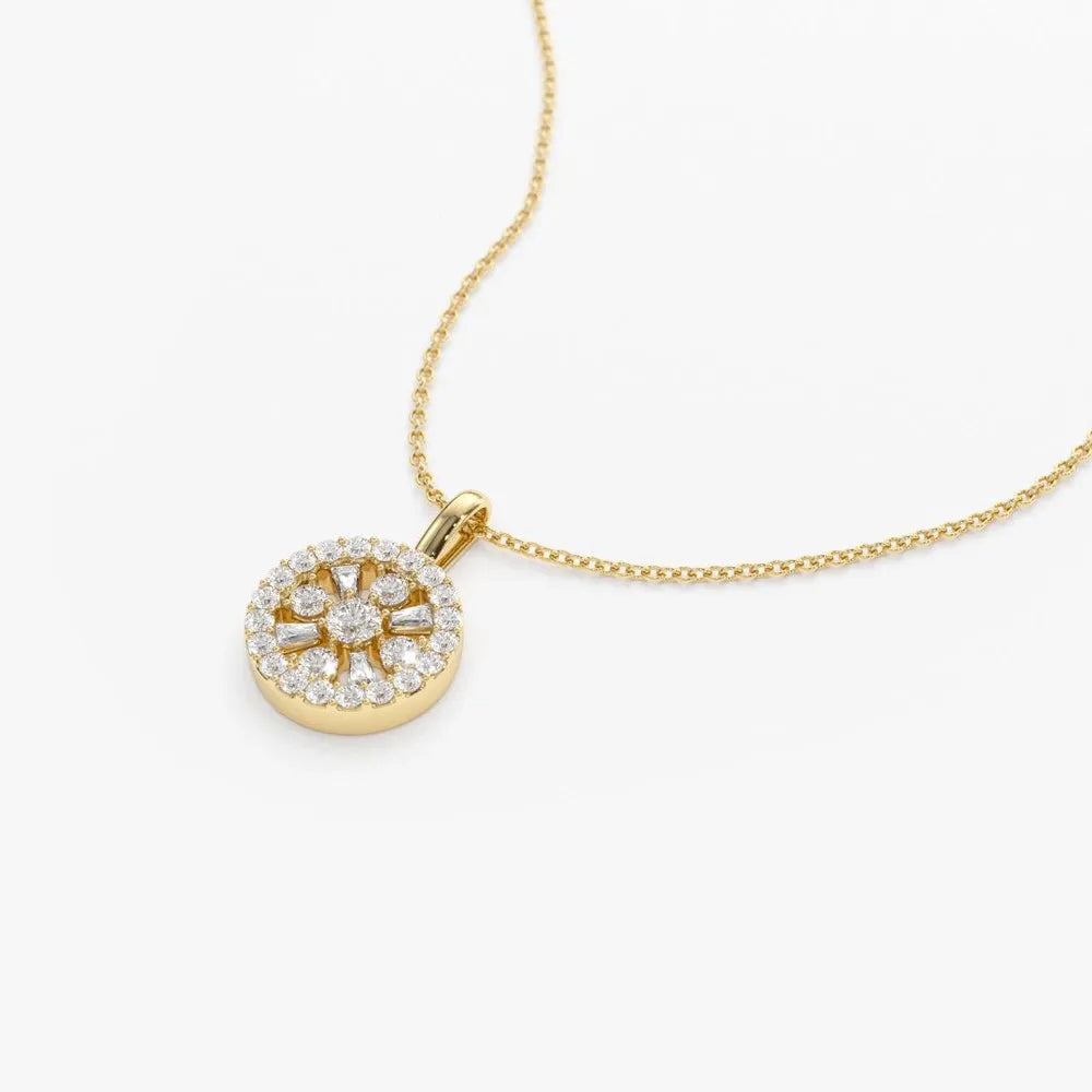 14K Solid Gold Baguette and Round Diamond Charm Necklace 0.32ctw
