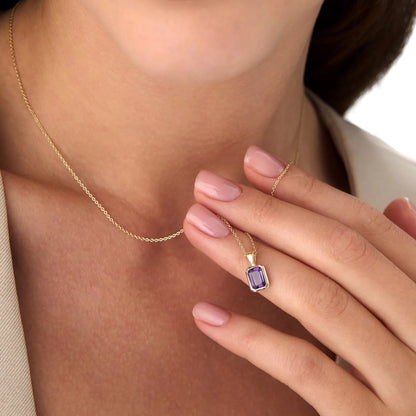 14k Solid Gold Amethyst Emerald Cut Vertical Pendant 1.00 Carat Bezel Setting