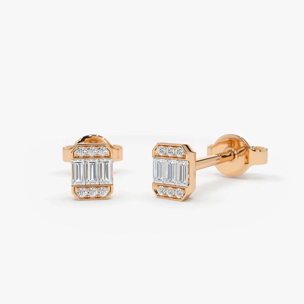 14k Gold Diamond Baguette and Round Cut Mini Stud Earrings 0.10 ctw