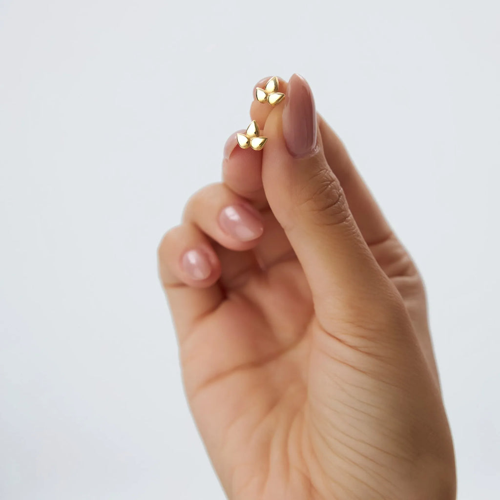 14k Solid Gold Trio Petal Stud Earrings 8.25mm Floral Design