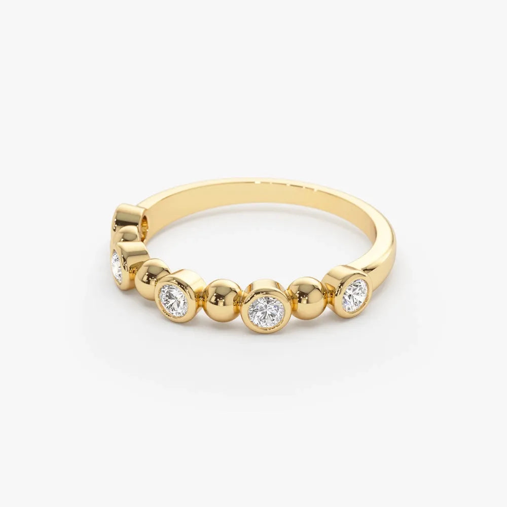 14k Gold Diamond Round Cut Alternating Beads and Bezel Setting Ring 0.50 ctw